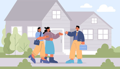 Lesbian couple buy new house, agent giving cottage keys to female characters holding hands. Homosexual family buying real estate property, mortgage loan or home purchase Line art vector illustration