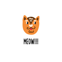 A kind red-haired meowing cat. Lettering words meow