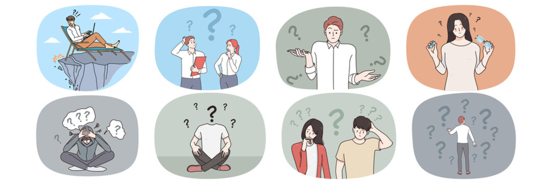 Set of stressed frustrated people think contemplate looking for business solution. Collection of men and women decide make choice solving problem or dilemma. Vector illustration. 