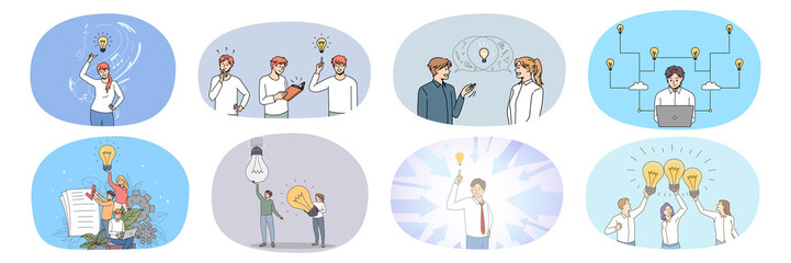 Set of businesspeople with lightbulb brainstorm generate creative business idea or thought. Collection of diverse employees think generate innovative project. Innovation. Vector illustration.