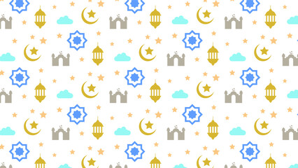 Islamic seamless pattern with Mosque, stars, moon, and lamp 