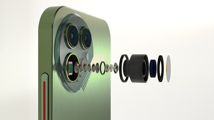 Close up view of digital camera lenses module of modern smartphone, smartphone sensor, optical layout, disassembled lens, 3D rendering - obrazy, fototapety, plakaty
