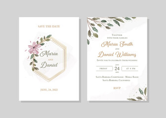 Watercolor style wedding invitation with flower and plant sprigs. Vector illustration.