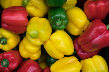 Assortment of colorful peppers shot up close