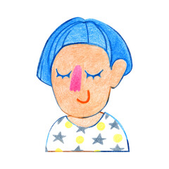 Funny girl with short blue hair. Cartoon cute girl in a T-shirt with a pattern of stars, with her eyes closed. A doodle-style illustration drawn with colored pencils, isolated on a white background.