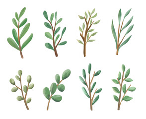 Leaves watercolor set clip art. Branches and leaf greenery illustration element collection drawing