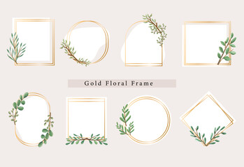 Wedding frame with floral leaves and branches element. Botanical logo golden frame shape collection. Text box set.