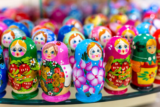 Moscow, Russia - January 18, 2022: Russian folk souvenirs nesting dolls. Tourism in Russia.