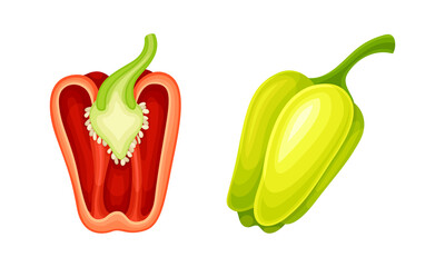 Green and red whole and half pepper bell set vector illustration