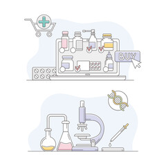 Pharmacy and medical supplies set. Laboratory equipment, medical pills, medicines and drug bottles vector illustration