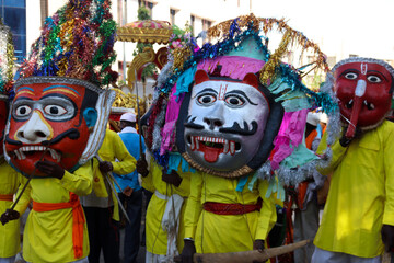 13 March 2022, Dang Darbar- Ahwa, Gujarat - India, People with huge traditional face mask...