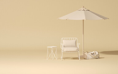 Minimalist outdoor furniture with chair and umbrella in pastel beige and white color. Creative composition. 3D render for social media, shopping store, studio. Minimalist lifestyle, outdoor camping 
