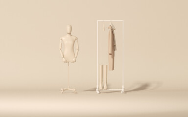 Clothes on shelf and mannequin on beige background. Creative composition. Light background with copy space. 3D render for web page, presentation, studio.