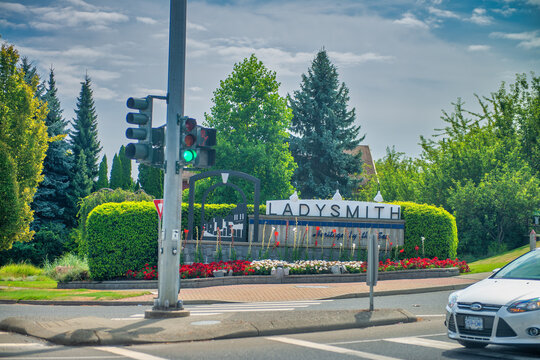 Ladysmith, Canada - August 14, 2017: Ladysmith city welcome sign in Vancouver Island.
