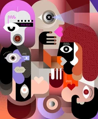 Poster Grote groep mensen modern kubisme digitaal schilderen, vectorillustratie. Ontwerp van menselijke gezichten en abstracte geometrische vormen. ©  danjazzia
