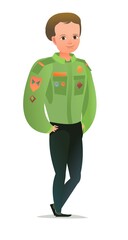 Pretty little boy in scout uniform with badges. Cheerful guy. Standing pose. Cartoon flat design in comic style. Single character. Illustration isolated on white background. Vector
