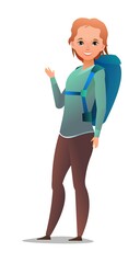 Little girl tourist backpacker. Teen with backpack on his back. Cheerful person. Standing pose. Cartoon comic style flat design. Single character. Illustration isolated on white background. Vector