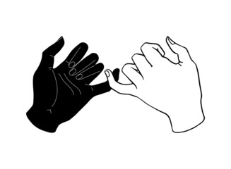 Pinky promise. Black and white hand silhouette. Vector illustration of a pair of people's hands swearing on a white background. Little fingers hand drawn.