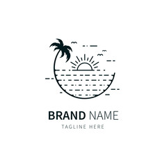 beach logo. beach illustration with palm trees inline style. flat design icon vector