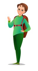 Little girl tourist backpacker. Teen with backpack on his back. Cheerful person. Standing pose. Cartoon comic style flat design. Single character. Illustration isolated on white background. Vector