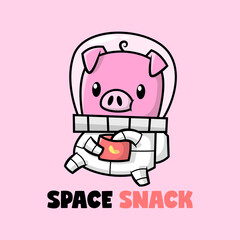 A CUTE PIG IN AN ASTRONAUT SUIT IS EATING A SNACK. PREMIUM CARTOON VECTOR.