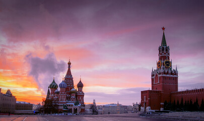 Beautiful views of winter Red Square with St. Basil's Cathedral
