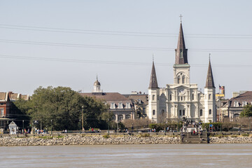 New Orleans famous church spires of the Cathedral Basilica of Saint Louis from Mississippi River...