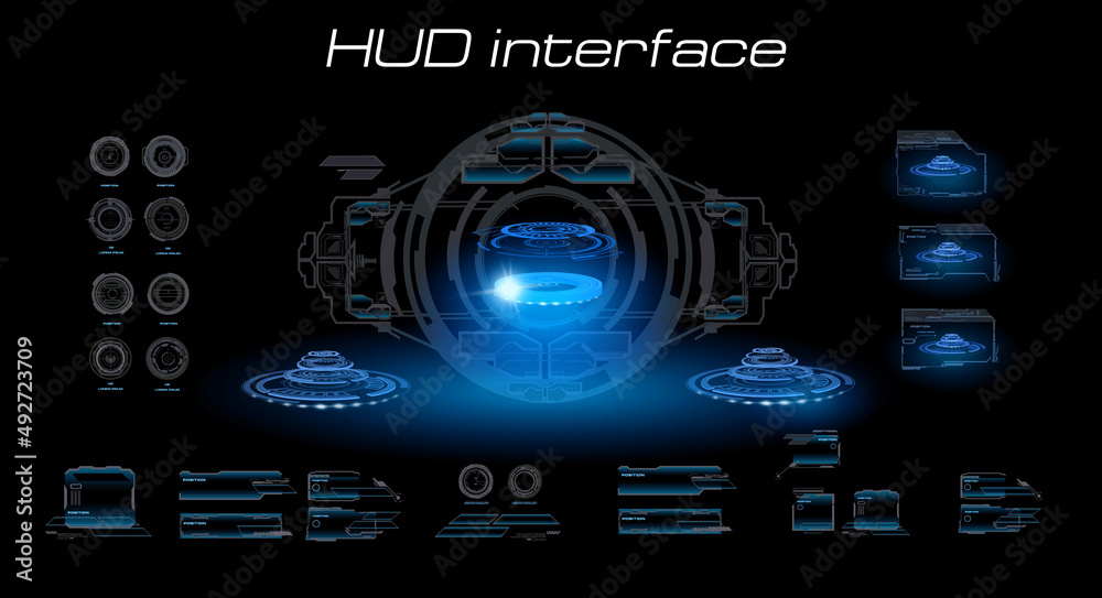 Poster digital holographic user interface with dashboards, elements and portals. futuristic cyber interface