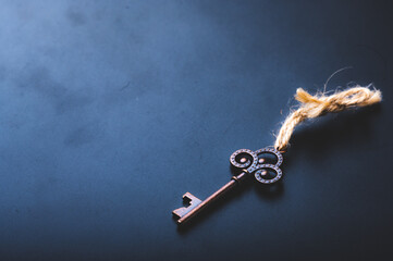 old antique key for concept of lock, retro door key security metal object, in vintage gold color for lock or unlock safety secret concept