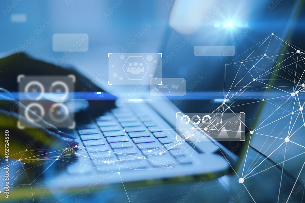 Poster Close up of hands using laptop with abstract glowing polygonal business chart interface hologram on blurry background. Finance, future and technology concept. Double exposure.
