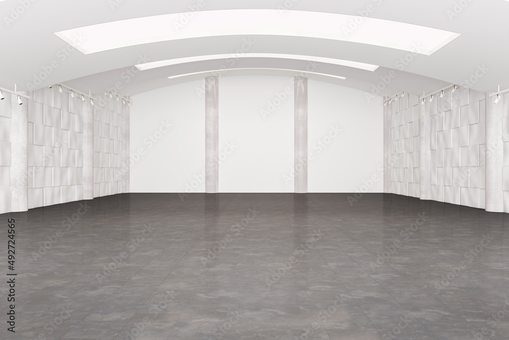 Poster modern spacious white hangar interior with blank mock up place on wall. space and design concept. 3d