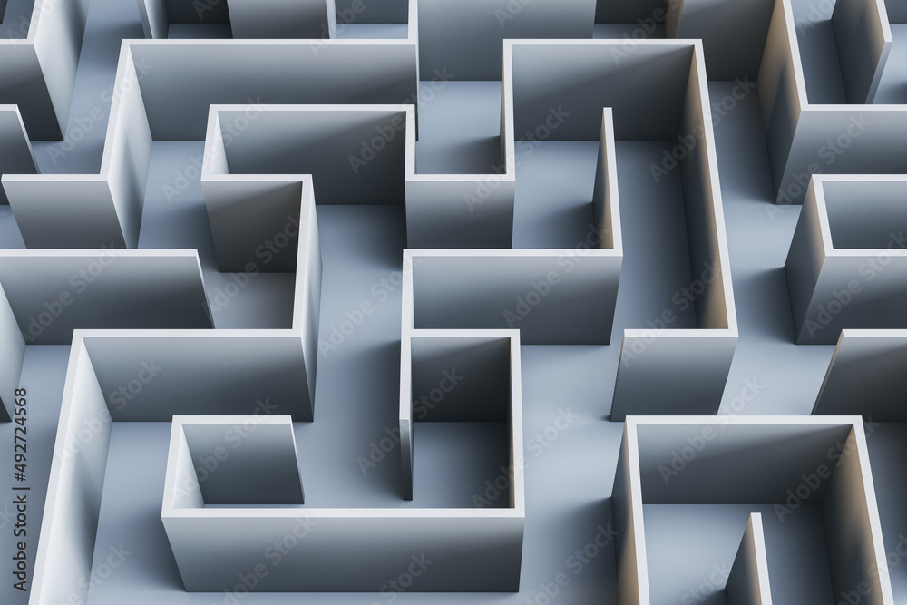 Aufkleber Creative gray maze background. Solution, way out and challenge concept. 3D Rendering.