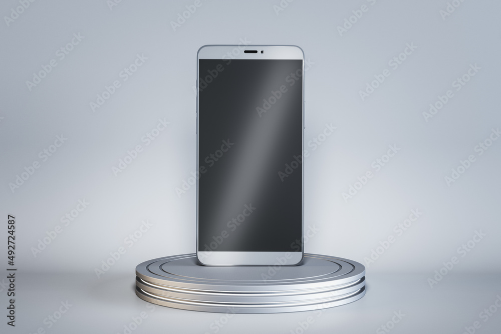 Poster Close up of empty smartphone on round pedestal on concrete wall background. Mock up place and presentation concept. 3D Rendering.