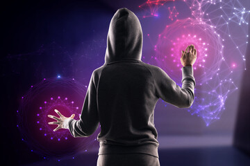 Back view of hacker using abstract polygonal circles interface on blurry purple background....