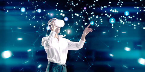 Attractive young european woman with VR glasses and abstract global polygonal network on dark background. Metaverse, augmented reality, future and communication concept.