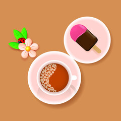 White cup, flower and ice cream. Breakfast concept