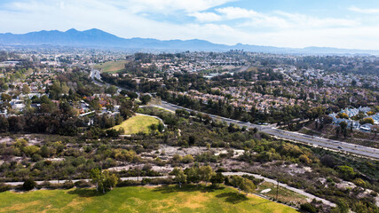 Aerial view of the urban core of Orange County city of Aliso Viejo, California, USA.