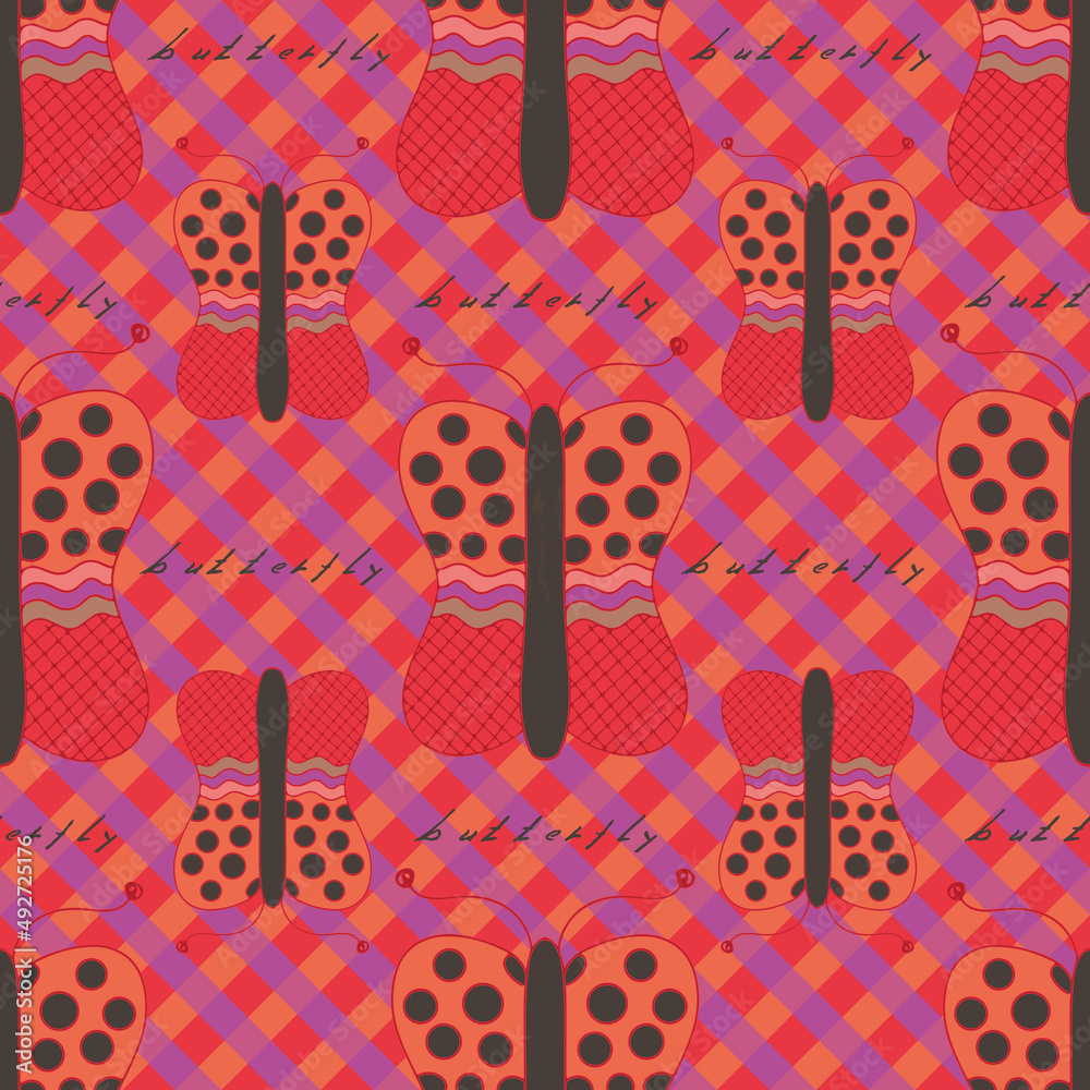 Poster butterflies on checked background vector seamless repeat pattern print