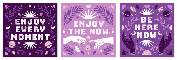 Boho celestial vector posters with inspirational quotes in trendy bohemian style. Tarot magic card.
