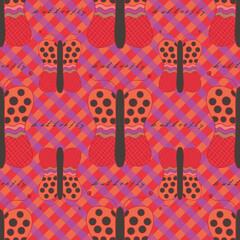 Butterflies on checked background vector seamless repeat pattern print