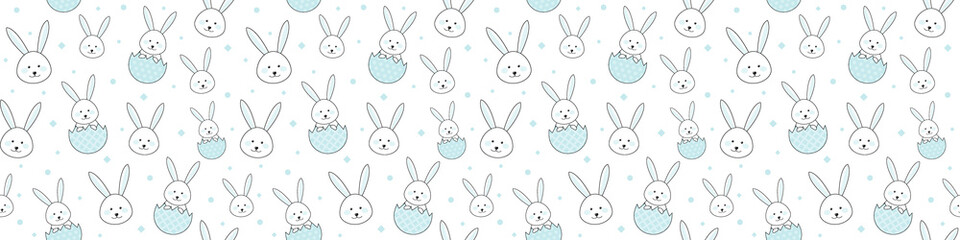 Easter banner with bunnies and decorative eggs. Seamless pattern. Vector