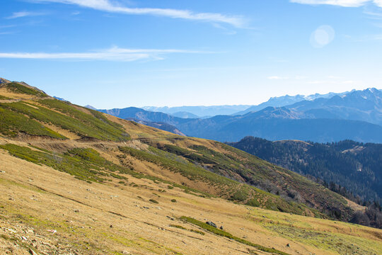 Majestic mountain landscapes with peaks and valleys. A great place for active recreation for tourists and travelers