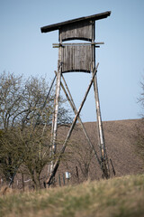 Wooden hunting tower in rural Landscape, French scenery