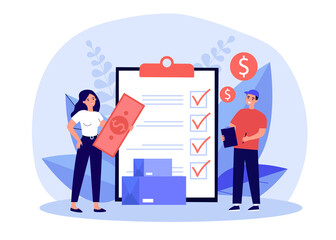 Obraz na płótnie Canvas Female customer giving cash money to courier. Tiny man marking boxes on checklist flat vector illustration. Payment after delivery, return parcel concept for banner, website design or landing web page