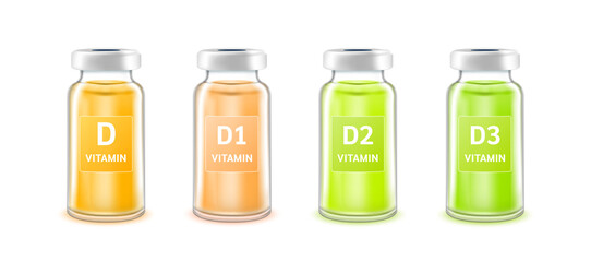 Serum collagen vitamin D inside bottle. Medicine injection of IV drip vitamins and minerals for health. Medical aesthetic concept. Glass vaccine bottle set. Isolated on white background. 3D vector.