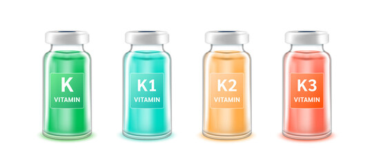 Serum collagen vitamin K inside bottle. Medicine injection of IV drip vitamins and minerals for health. Medical aesthetic concept. Glass vaccine bottle set. Isolated on white background. 3D vector.