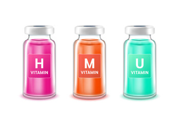 Serum collagen vitamin inside bottle. Medicine injection of IV drip vitamins and minerals for health. Medical aesthetic concept. Glass vaccine bottle set. Isolated on white background. 3D vector.