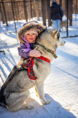 Child playing with Husky dog in dog farm near Kemerovo, Siberia, Russia