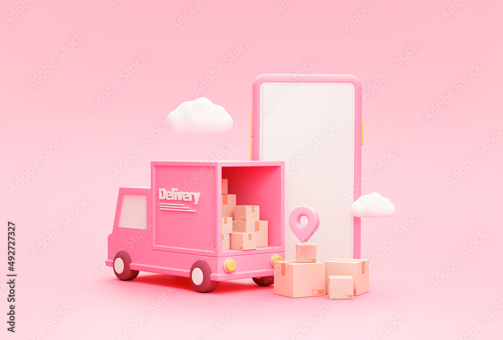 Wall mural shipment delivery by truck and pin pointer mark location with smartphone and cloud delivery transpor