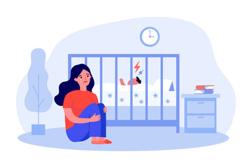 Mother in depression and anxiety because of loud cry of baby. Woman sitting at crib of crying child flat vector illustration. Motherhood, stress concept for banner, website design or landing web page